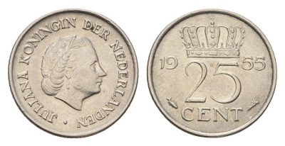 Нидерланды 25 центов 1955 Юлиана (1948-1980) KM 183 никель 4658-763