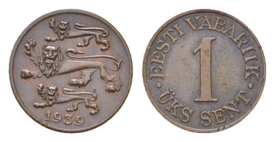 Эстония 1 сент 1939 год-тип KM 19 бронза 1524-2034