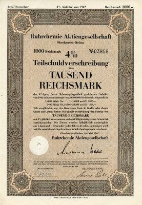 Германия 1000 рейхсмарок 1942 АО Рур-химия, Оберхаузен-Хольтен, 4 % облигация   бумага  8804-125-1