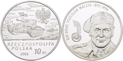 Польша 10 злотых 2003 MW, генерал бронетанковых войск Станислав Мачек (1892-1994) KM 468 серебро PROOF 1080-9-72