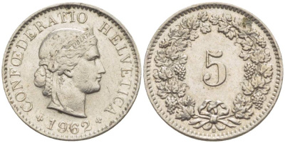 Швейцария 5 раппенов 1962 B KM 26 медно-никель 4532-953