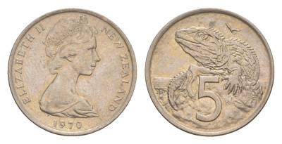 Новая Зеландия 5 центов 1970 Елизавета II (1952-2022), ящерица гаттерия KM 34.1 медно-никель 4178-327