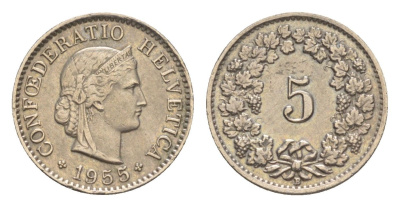 Швейцария 5 раппенов 1955 B KM 26 медно-никель 4611-735