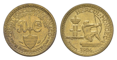 Монако 50 сантимов 1924 год-тип KM 110 алюминиевая бронза aUNC 1522-1423