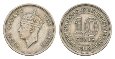 Малайя 10 центов 1948 Георг VI (1936-1952) KM 8 медно-никель 4643-232
