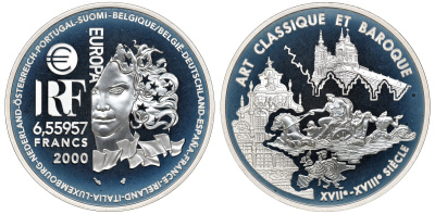 Франция 1 евро = 6,55957 франков 2000 классицизм и барокко в архитектуре (XVII- XVIII веков) в оригинальной коробке, с сертификатом KM 1226 серебро PROOF 4-3-3-17