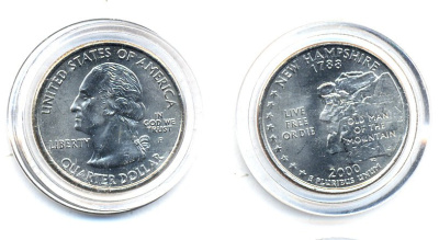 США 25 центов = квотер 2000 Р, серия штаты США, Нью-Гэмпшир KM 308 медь плакированная медно-никелем UNC 61-646