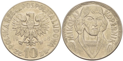 Польша 10 злотых 1968 MW, Николай Коперник KM 51а медно-никель 4542-734