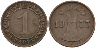 Германия 1 рейхспфенниг 1933 E KM 37, J. 313 бронза 4124-1265