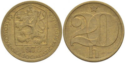 ЧЕХОСЛОВАКИЯ 20 ГЕЛЛЕРОВ 1978 KM 74 латунь 3309-664