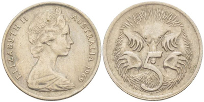 АВСТРАЛИЯ 5 ЦЕНТОВ 1969 ЕЛИЗАВЕТА II (1952-) МОЛОДОЙ ПОРТРЕТ, ЕХИДНА KM 64 медно-никель 4516-651