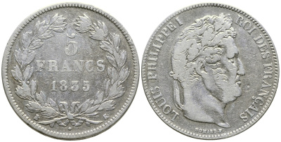 Франция 5 франков 1835 K, Луи Филипп I (1830-1848) KM 749.7 серебро 1066-6-25