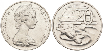АВСТРАЛИЯ 20 ЦЕНТОВ 1977 ЕЛИЗАВЕТА II, МОЛОДОЙ ПОРТРЕТ, УТКОНОС KM 66 медно-никель UNC 3855-523