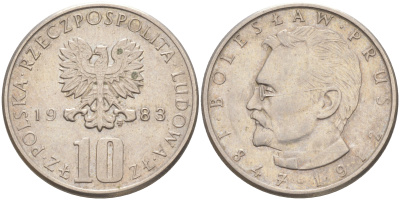 ПОЛЬША 10 ЗЛОТЫХ 1983 MW, БОЛЕСЛАВ ПРУС KM 73 медно-никель 106-636