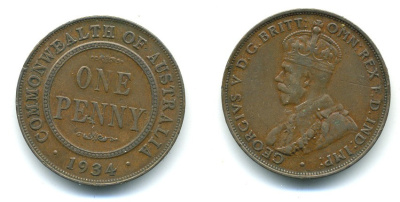 АВСТРАЛИЯ 1 ПЕННИ 1934 ГЕОРГ V KM 23 бронза 7-5-25-13