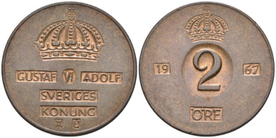Швеция 2 эре 1967 Густав VI Адольф (1950-1973) KM 821 бронза 4582-557