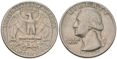США 25 центов (квотер) 1967 Вашингтон KM 164a медь плакированная медно-никелем 4601-1127