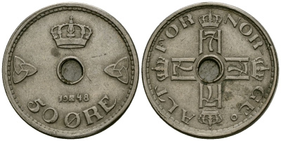 Норвегия 50 эре 1948 Хокон VII (1905-1957) KM 386 медно-никель 4584-217