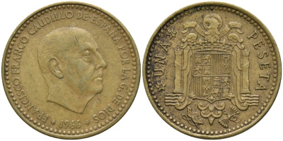 Испания 1 песета 1966 (71) Франсиско Франко (1939-1975) KM 796 алюминиевая бронза 4171-444