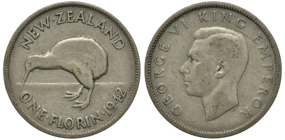 Новая Зеландия 1 флорин 1942 Георг VI (1936-1952), птичка киви KM 10.1 серебро 272-1533
