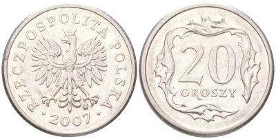 Польша 20 грошей 2007 Y 280 медно-никель UNC 4614-331