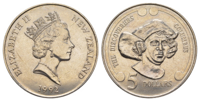 Новая Зеландия 5 долларов 1992 Первооткрыватели - Христофор Колумб KM 86 медно-никель BU 5010-1323