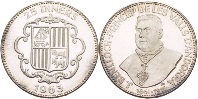 Андорра 25 динеров 1963 кардинал Хуан Батиста Бенльок-и-Виво (1864-1926), тираж 1350 экземпляров, с обозначением монетного двора под бюстом KM X 7, Bruce 7 серебро PROOF 4044-1134
