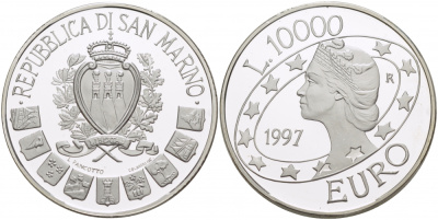 Сан-Марино 10000 лир 1997 Европейский союз "Либертас" KM 372 серебро PROOF 02-227-15
