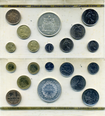 Франция официальный набор из 9 монет (1, 5, 10, 20 сантимов; 1/2, 1, 5, 10 и 50 франков) 1979 в оригинальной упаковке, с сертификатом KM SS 16 (925.1, 926a.1, 928, 929, 930, 931.1, 933, 940 и 941.1) BU 1-4-1-04