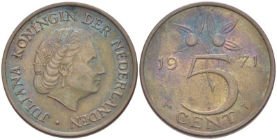 НИДЕРЛАНДЫ 5 ЦЕНТОВ 1971 ЮЛИАНА (1948-1980) KM 181 бронза 213-1111