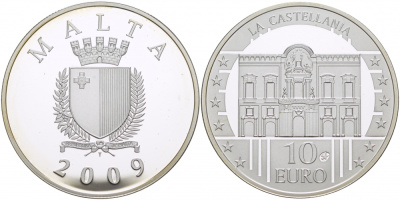 Мальта 10 евро 2009 серия культурное наследие, дворец Кастеллания KM 133 серебро PROOF 04-102-43