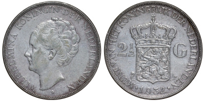 Нидерланды 2 1/2 гульдена 1932 Вильгельмина I (1890-1948) KM 165 серебро  00-00