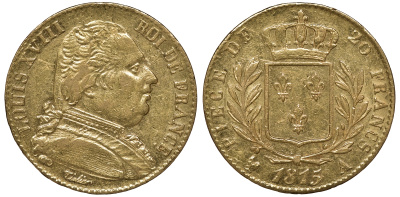 Франция 20 франков 1815 A, Луи XVIII KM 706.1 золото aUNC 00-000-00