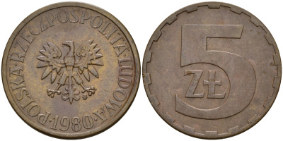 Польша 5 злотых 1980 MW KM 81.1 латунь    4161-1114