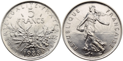 Франция 5 франков 1983 сеятель, тираж 100972 экземпляров KM 926a.1, LE FRANC 341.15 медно-никель плакированный никелем  UNC  1530-1414