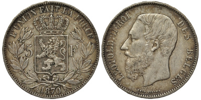 Бельгия 5 франков 1870 Леопольд II (1865-1909) KM 24 серебро 443-1211