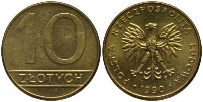 Польша 10 злотых 1990 MW, Народная Республика KM 152.2, Parchimowicz 244b латунь 186-1236