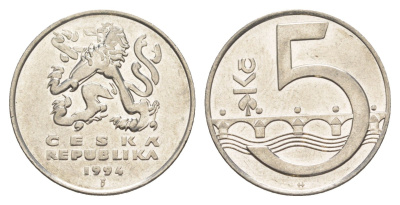 Чехия 5 крон 1994 чешский лев, Карлов мост KM 8 сталь плакированная никелем 4529-657