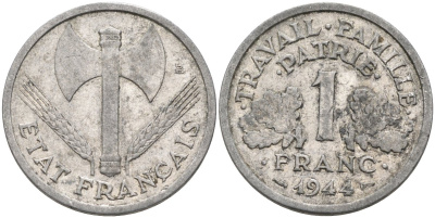Франция 1 франк 1944 Правительство Виши KM 902 алюминий 4577-924