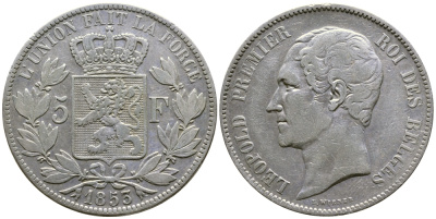 Бельгия 5 франков 1853 Леопольд I (1831-1865) KM 17 серебро 00-1067-5-44