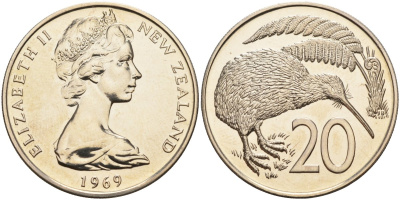 Новая Зеландия 20 центов 1969 Елизавета II (1952-2022), птичка киви KM 36.1 медно-никель UNC 4144-543