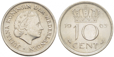 Нидерланды 10 центов 1965 Юлиана (1949-1980) KM 182 никель 3309-631