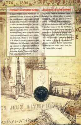 Португалия набор из 8 монет 1996 Олимпийские игры 1996 года в Атланте, в картонном буклете, тираж 20000 экз. KM MS24 (KM 631-634, 636, 645.1, 655, 687) BUNC 5-4-3-09