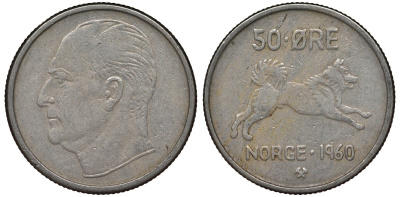 Норвегия 50 эре 1960 Улаф V (1957-1991), собака KM 408 медно-никель 4128-1127