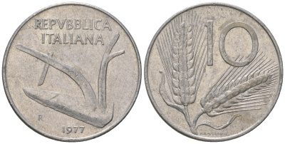 Италия 10 лир 1977 R, колосья, плуг KM 93 алюминий 4589-956