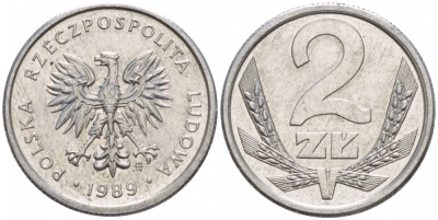 Польша 2 злотых 1989 MW, Народная Республика KM 80.3, Parchimowicz 219a алюминий 4547-1134