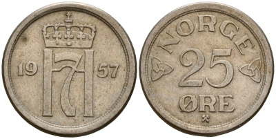 Норвегия 25 эре 1957 Улаф V (1958 - 1991) KM 401 медно-никель 4154-769