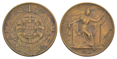 Португалия 1 эскудо 1924 KM 576 алюминиевая бронза 4127-911