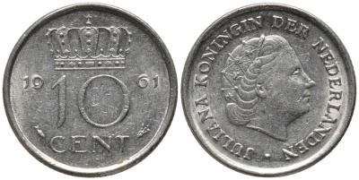 НИДЕРЛАНДЫ 10 ЦЕНТОВ 1961 ЮЛИАНА KM 182 никель 112-734