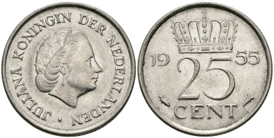 Нидерланды 25 центов 1955 Юлиана (1949-1980) KM 183 никель 96-132